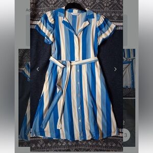 Button-Front Blue and Cream Striped Midi Dress with Tie Waist